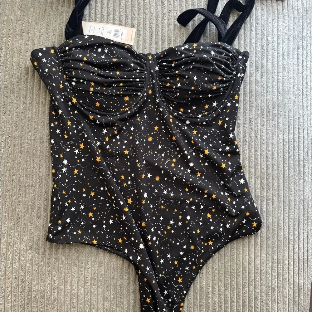 New bodysuit corset top velvet ribbon straps yellow black white stars medium